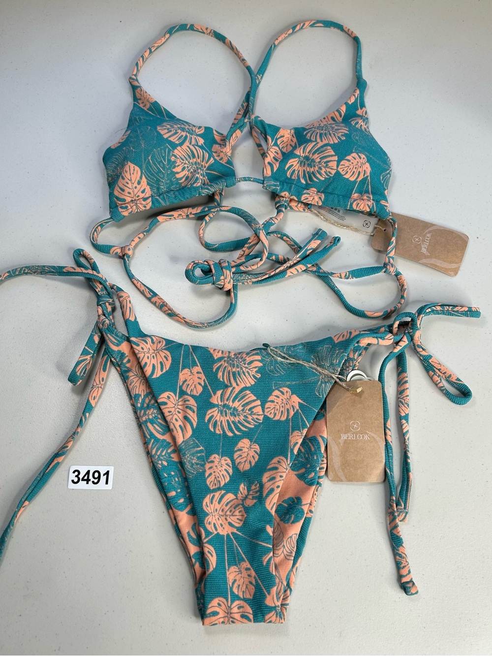 Berlook Bikini Set Green Floral Small Reversible Cutout Top Tie Bottom New